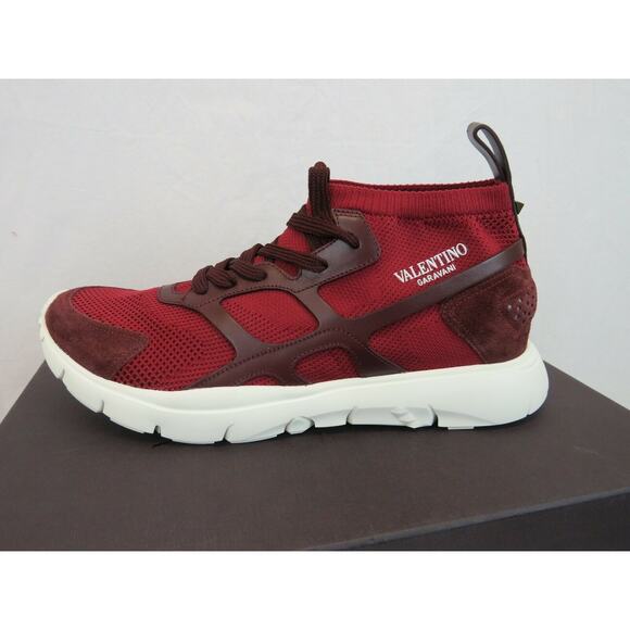 VALENTINO RED MESH BURGUNDY SUEDE LEATHER ROCKSTUD HI TOP SOCK SNEAKERS 43 10